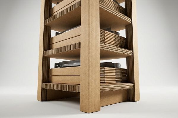 Robust corrugated cardboard display with multiple shelves, featuring visible fluting and metal support brackets for heavy-duty products.