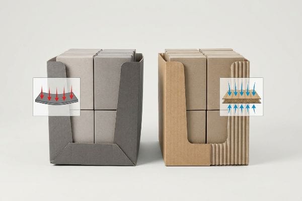 Plateau en aggloméré gris foncé qui se déforme sous la charge, contrairement au carton ondulé brun avec des arches internes pour l'absorption des chocs.