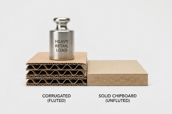 A metal weight labeled 'Heavy Retail Load' rests on stacked corrugated (fluted) board, contrasted with solid chipboard (unfluted), demonstrating material strength.