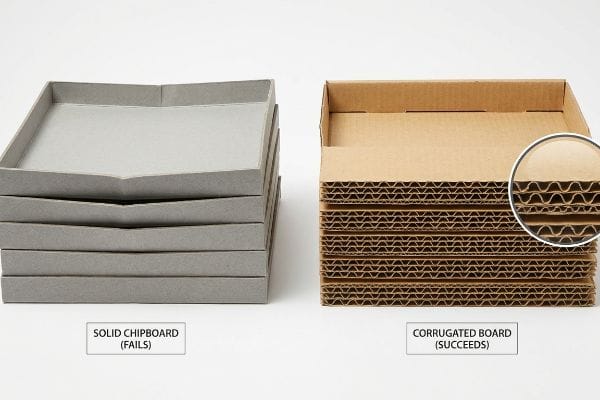 Grey Solid Chipboard (Fails) trays bowing under load contrasted with stable Corrugated Board (Succeeds) trays, showing fluted structure.