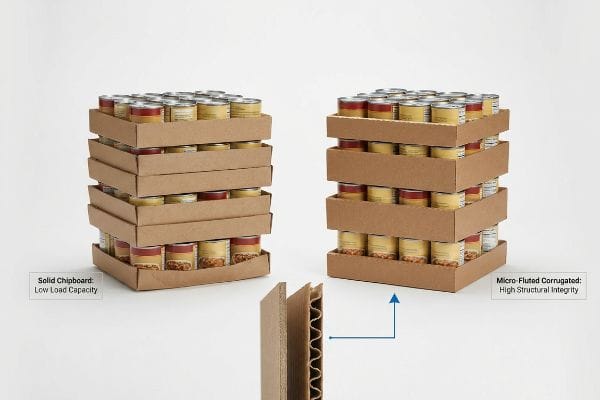 Chipboard vs Corrugated Solid Chipboard trays with Low Load Capacity visibly bow under canned goods, contrasting stable Micro-Fluted Corrugated trays with High Structural Integrity, alongside their material cross-sections.