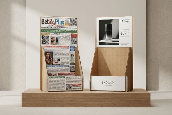 Cluttered POP Display Corrugated cardboard POP display with 'Bet & Plus' branding, multiple QR codes, dense text, and product images, demonstrating cluttered messaging.