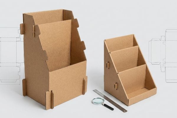 Natural brown corrugated cardboard unassembled floor and countertop displays, with die-line outlines, ruler, and magnifying glass.