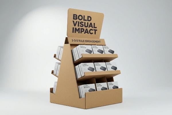 3-3-3 Rule Display Corrugated retail display with 'Bold Visual Impact' header and '3-3-3 Rule Engagement' sign, featuring Premium Electronics products.