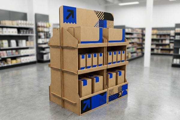 A brown corrugated point-of-purchase display, featuring blue graphic accents and stacked product boxes, stands in a retail store aisle.