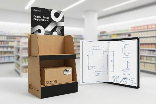 Retail store display stand, corrugated, with 'Custom Retail Display Stand' header and a 'Fragile' box. A tablet displays a packaging blueprint.