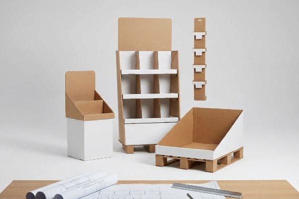 Various corrugated point of sale displays, including a floor stand, countertop unit, pallet merchandiser, and sidekick clip strip, with blueprints.