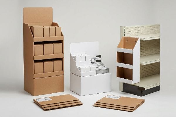 Retail Display Box Types Brown corrugated floor merchandiser, white countertop unit with cash register, and a sidekick display, showcasing various retail display box types.