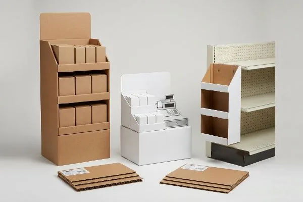 Types de boîtes de présentation pour le commerce de détail Présentoir de sol en carton ondulé brun, comptoir blanc avec caisse enregistreuse et présentoir latéral, mettant en valeur différents types de boîtes de présentation pour la vente au détail.