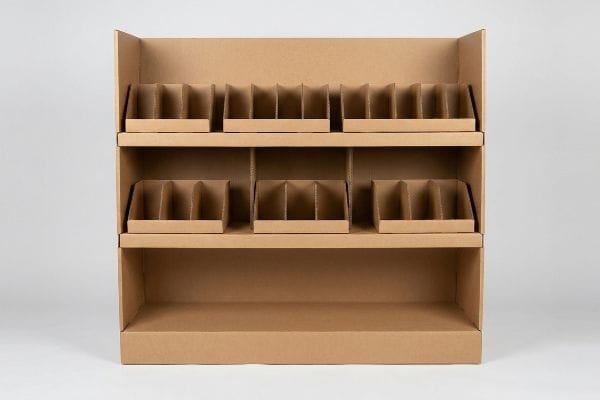 Brown corrugated cardboard endcap display stand with two shelves featuring modular dividers and an open bottom shelf.