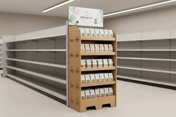 Brown corrugated cardboard endcap display with 'Brand Up' header, showcasing small product packages on four shelves in a retail aisle.