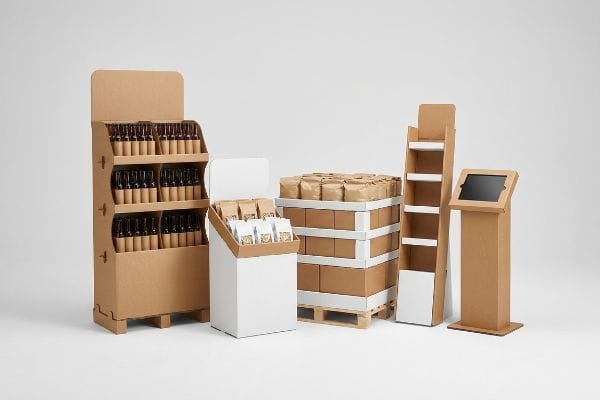 Diverse Cardboard Displays Brown corrugated cardboard floor unit, countertop display, pallet merchandiser, shelf unit, and interactive kiosk showcasing diverse retail packaging solutions.