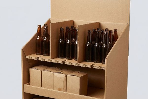 Corrugated cardboard retail endcap display with modular dividers separating amber glass bottles and small brown product boxes.