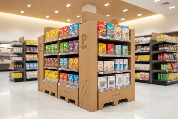 A brightly lit supermarket aisle features a large corrugated cardboard point-of-purchase display, branded with a 'P' logo, holding diverse snack and cereal products.