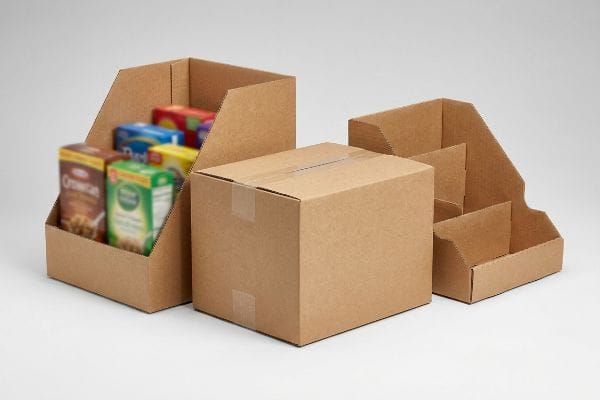 Corrugated Display Box Types Natural brown corrugated cardboard HSC display boxes, one filled with products, alongside a sealed RSC shipper.
