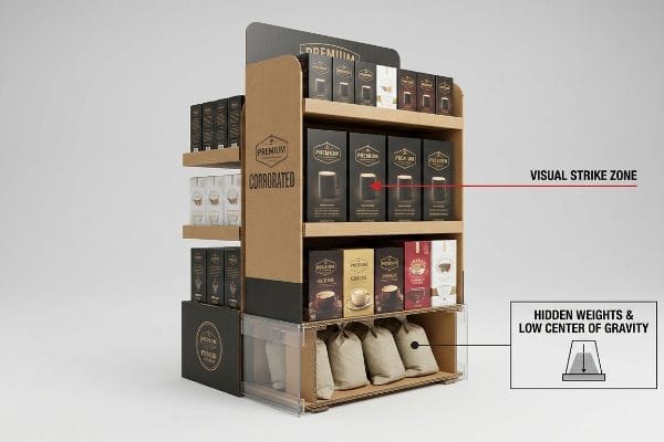 Corrugated cardboard retail display for Premium Corrugated products, featuring a Visual Strike Zone and Hidden Weights & Low Center of Gravity with sandbags.