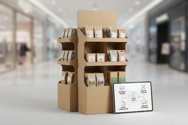 Corrugated Display Pricing Factors Retail corrugated point of purchase display with products and a diagram showing Total Cost factors: Material Grades, Custom Tooling, Litho-Lamination, Freight Footprint.