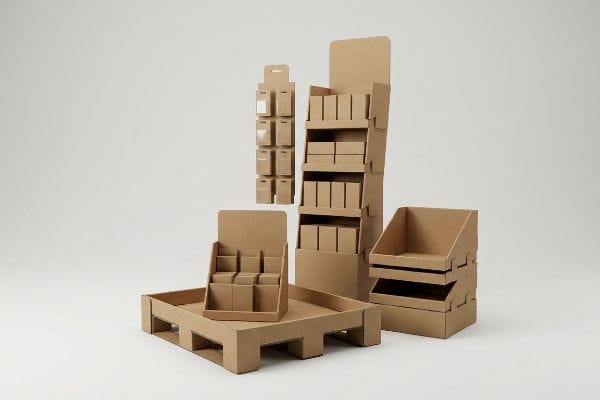 Showcasing various empty corrugated cardboard display stands, including a floor display, hanging clip strip, countertop unit on a pallet, and shelf-ready trays.