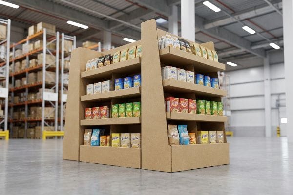 Corrugated Display Warehouse Stock Standing on a concrete warehouse floor, a corrugated cardboard floor display is fully stocked with various packaged food products, emphasizing its robust structural integrity.