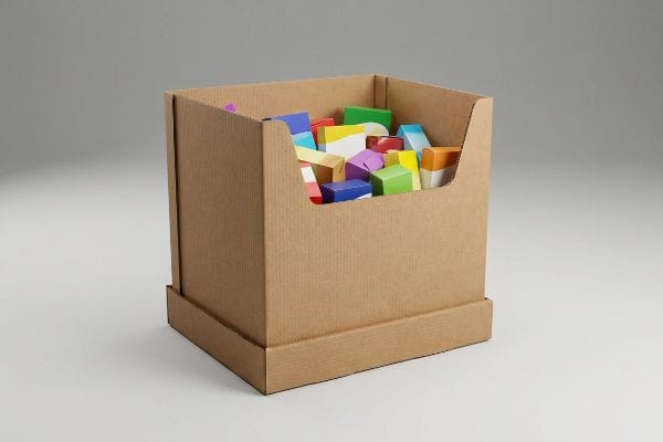 A brown corrugated cardboard dump bin display, filled with colorful rectangular blocks, perfect for loose merchandise retail promotion.