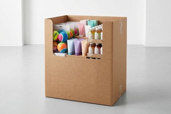 Ein stabiler, brauner Wellpapp-Müllbehälter präsentiert bunte Haustierbälle, pastellfarbene Kosmetiktuben und kleine Getränkeflaschen für den FMCG-Einzelhandel.