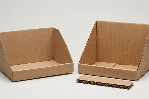 Brown micro-fluted corrugated cardboard PDQ display trays, unassembled, with a sample of E-flute material.
