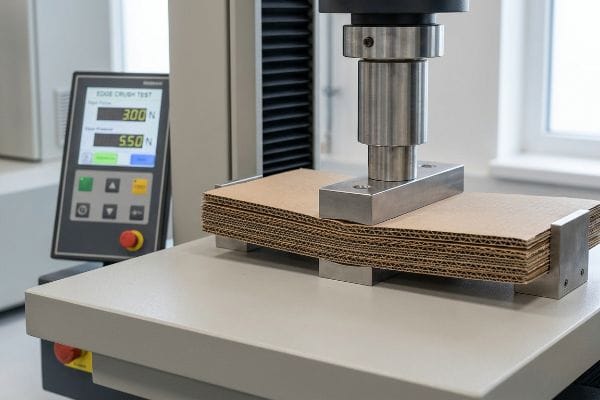 Corrugated Edge Crush Test Corrugated paperboard undergoing an Edge Crush Test, showing 300 N and 550 N force readings on the machine display.
