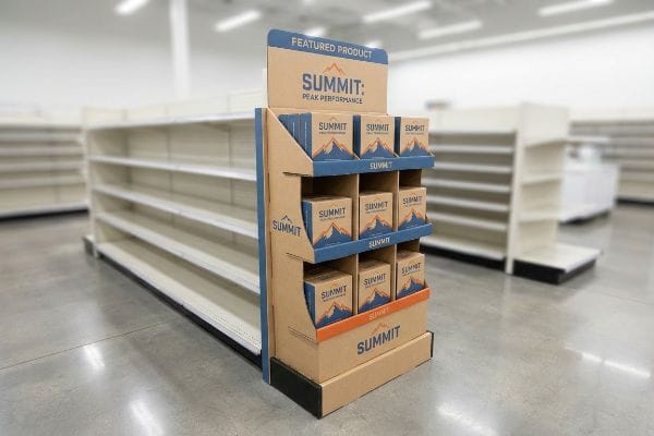 An end-cap display showcases Summit: Peak Performance products, featuring small boxes with mountain logos, standing in a retail aisle with empty shelves.