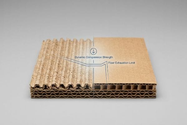 段ボールの圧縮強度限界 段ボールの断面図。動的圧縮強度と繊維飽和限界を示しており、左側は圧縮されたフルート、右側は圧縮されていないフルートを示している。.