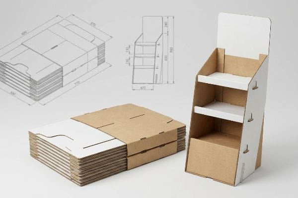 Emballage plat en carton ondulé Unités FSDU en carton ondulé livrées à plat et présentoir PLV à trois étagères assemblé, accompagnés de dessins techniques avec dimensions.