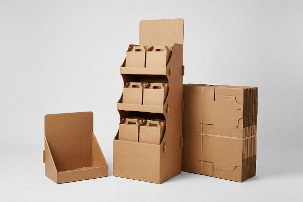 Natural brown corrugated cardboard retail displays, including a flat-pack FSDU, countertop merchandiser, and stacked sheets.
