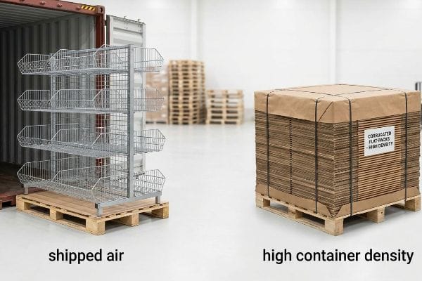 Optimize Container Density Metal wire racks inside an open shipping container represent shipped air, contrasting with a pallet of high-density Corrugated Flat-Packs.