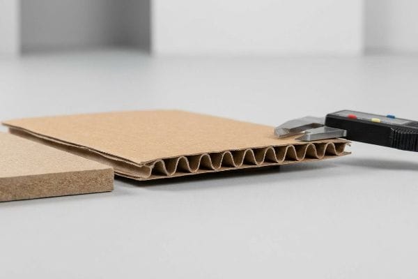 Corrugated Flute Caliper Measurement A digital caliper measures the precise flute caliper of a corrugated cardboard cross-section, highlighting its wavy arches next to flat chipboard.