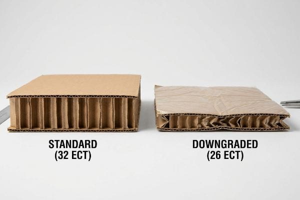 Corrugated Board ECT Comparison Two corrugated cardboard samples: a Standard 32 ECT board with intact flutes and a Downgraded 26 ECT board showing crushed compression failure.