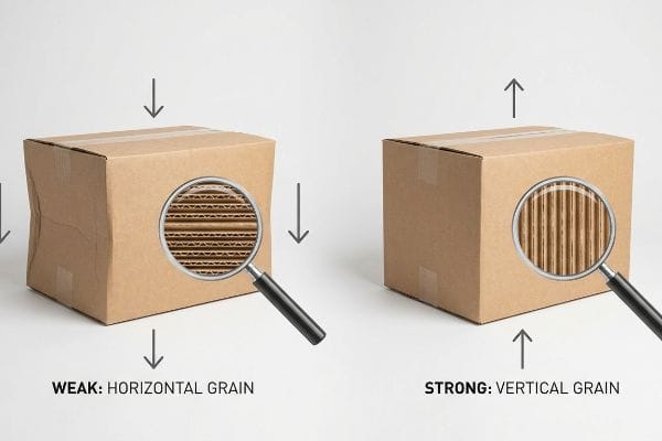 Brown corrugated boxes demonstrate Weak Horizontal Grain versus Strong Vertical Grain, showing flute orientation for durability.