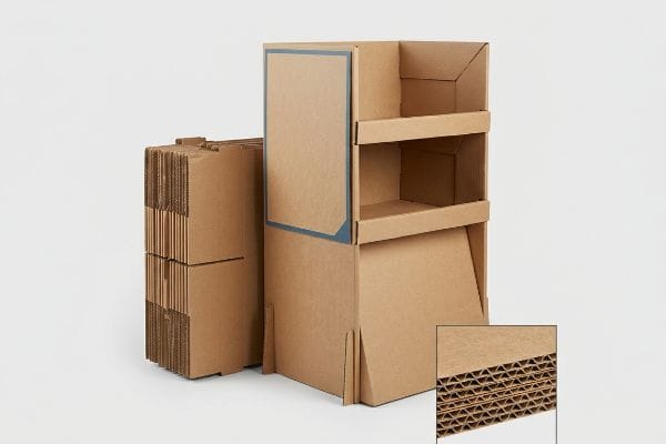 Corrugated POP Display Assembly A brown corrugated POP display with two shelves stands next to stacked flat-pack paperboard, showing the material's fluted layers.