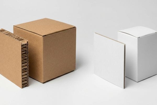Corrugated vs Folding Carton Visual comparison of brown fluted corrugated cardboard and a box with white single-layer paperboard and a folding carton, showing material differences.
