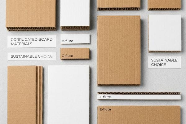 Corrugated Board Flute Types Displaying various corrugated board materials, including B-flute, C-flute, and E-flute, highlighting them as a Sustainable Choice for packaging.