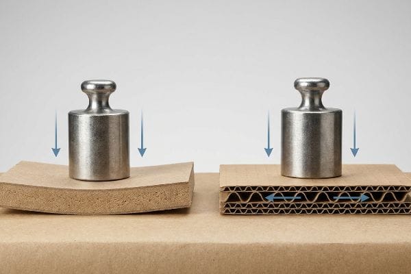 Brown solid chipboard bending under weight next to corrugated flutes displacing load laterally, demonstrating superior structural integrity.