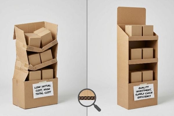 Display Cost Comparison Corrugated display comparison: collapsing 'Low Initial Cost, High Total Cost' versus sturdy 'Quality Investment, Supply Chain Efficiency' stand, showing fluting.