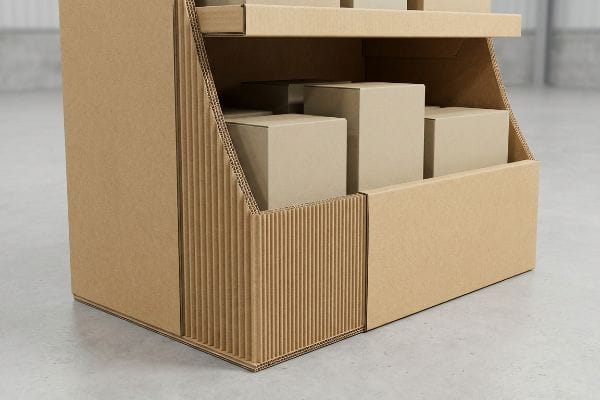 A sturdy corrugated floor display, constructed from fluted paperboard, holds plain brown cardboard boxes for retail merchandising.