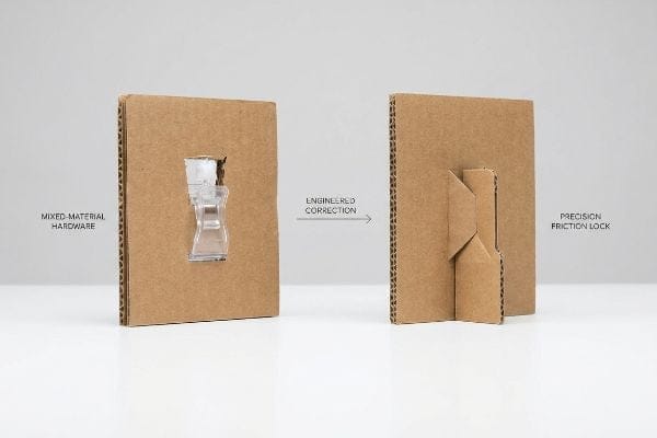 Corrugated cardboard displays show Mixed-Material Hardware with a plastic clip versus an Engineered Correction using a Precision Friction Lock.
