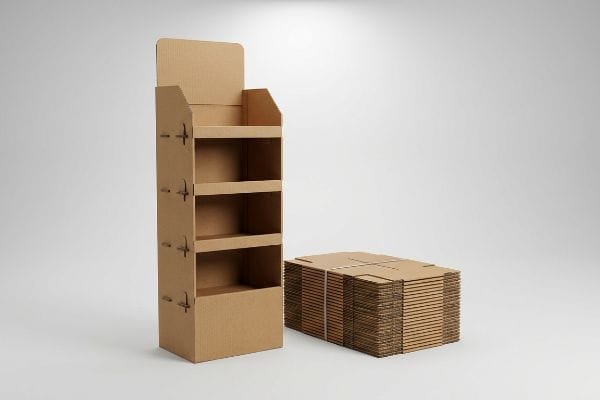 Natural brown corrugated cardboard FSDU, assembled with three shelves, beside a stack of flat-packed retail display units.