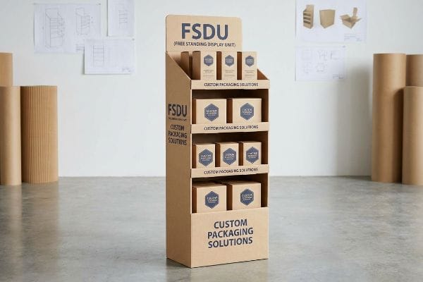 Présentoir FSDU en carton Présentoir autoportant en carton ondulé brun naturel (FSDU), présentant des solutions d'emballage personnalisées.