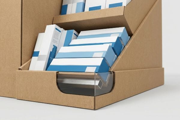 Brown corrugated cardboard gravity-feed display showcasing white and blue product boxes with a clear plastic front lip.