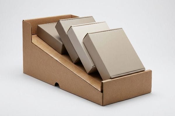 Gravity Flow Display Boxes Brown corrugated cardboard gravity flow display holding four light beige product boxes on an incline, demonstrating retail visual fronting.