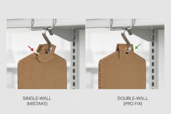 Réparation de linteau à double paroi Comparaison des en-têtes en carton ondulé : simple paroi (erreur) avec déchirure par clip en S vs double paroi renforcée (Pro Fix).