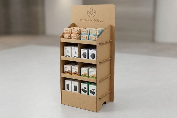 Carton Display Premium Goods A brown corrugated carton display unit showcases Premium Goods, including health bars and electronics, in a retail setting.