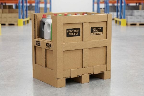 Warehouse heavy-duty corrugated display bin, labeled 'Heavy-Duty Product' and 'Max Load Capacity', holds cleaning bottles on pallet.