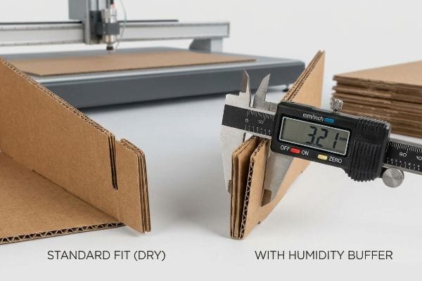 Digital calipers measure corrugated board at 3.21 mm, showing 'With Humidity Buffer' for CNC cutting, contrasted with 'Standard Fit (Dry)'.